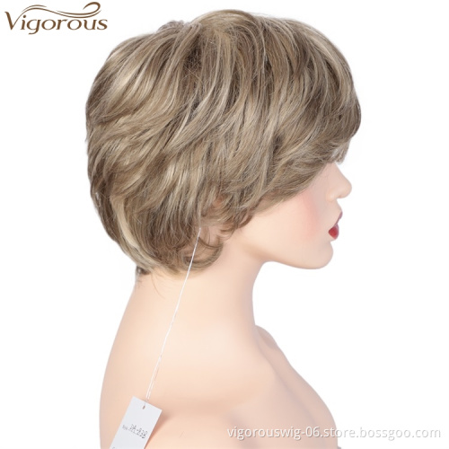 Vigorous Wholesale Price Cheap Short Pixie Cut Synthetic Hairstyles With Bangs Layered Fluffy Grey Mixed Brown Wigs For Women